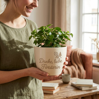 Personalisierter Blumentopf mit Gravur — Danke Geschenk Försterin Abschied — im Wohnambiente