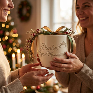 Personalisierter Blumentopf mit Gravur — Danke Geschenk für Spa-Managerin — als persoenliche Geschenk-Uebergabe