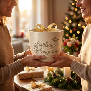 Personalisierter Blumentopf mit Gravur — Geschenk Bloggerin & Content Creator — als persoenliche Geschenk-Uebergabe