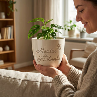 Personalisierter Blumentopf — Geschenk für Concierge Dankeschön — im Wohnambiente