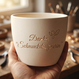 Personalisierter Blumentopf mit Gravur — Geschenk Schmuckdesignerin Danke — Detailaufnahme