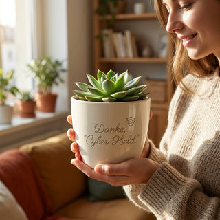 Blumentopf mit Lasergravur — Geschenk Cyber Security Experte — im Wohnambiente