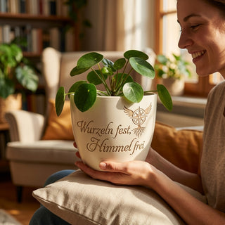 Blumentopf mit Gravur "Wurzeln fest, Himmel frei" — Geschenk Pilotin — im Wohnambiente