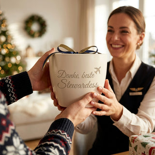 Personalisierter Blumentopf mit Gravur — Geschenk Stewardess zum Abschied — als persoenliche Geschenk-Uebergabe