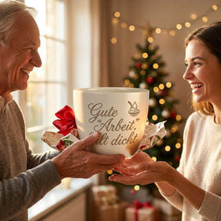 Personalisierter Blumentopf mit Gravur — Geschenk Installateur — als persoenliche Geschenk-Uebergabe