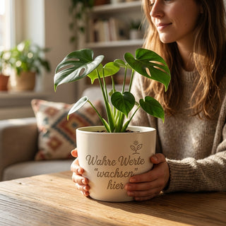 Personalisierter Blumentopf mit Gravur — Geschenk Juwelier Geschäftseröffnung — im Wohnambiente