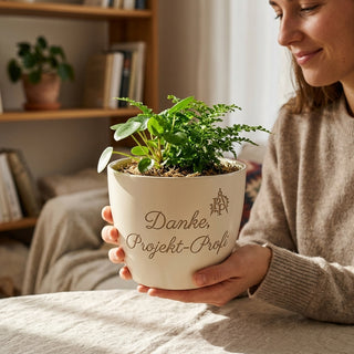 Personalisierter Blumentopf mit Gravur — Geschenk Projektmanagerin Abschied Dankeschön — im Wohnambiente