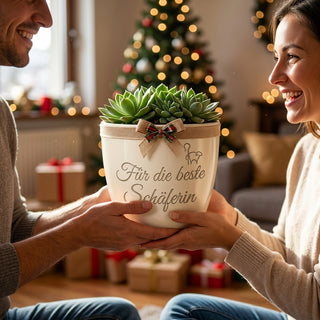 Personalisierter Blumentopf mit Gravur — Geschenk Schäferin zum Geburtstag — als persoenliche Geschenk-Uebergabe