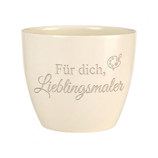 Personalisierter Blumentopf mit Gravur — Geschenk für Hobbymaler — Detailansicht der Lasergravur