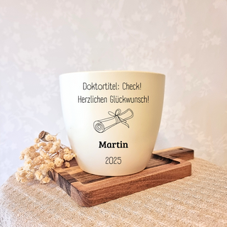 Abschlussgeschenk - Blumentopf graviert - Doktortitel: Check