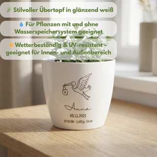 Personalisierter Hochglanz-Blumentopf – Babygeschenk mit Name & Geburtsdaten