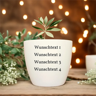 Personalisierter Blumentopf mit Wunschtext, graviert mit vier Zeilen, dekoriert mit einer Pflanze. Perfektes Geschenk für jeden Anlass.