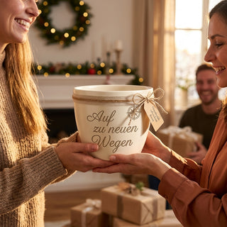 Personalisierter Blumentopf mit Gravur — Geschenk Berufsanfänger Karrierestart — als persoenliche Geschenk-Uebergabe