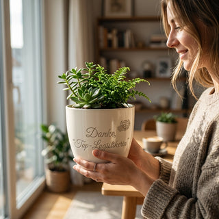 Personalisierter Blumentopf mit Gravur — Geschenk für Logistikerin — im Wohnambiente