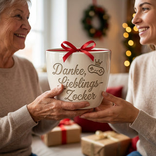 Personalisierter Blumentopf mit Gravur — Danke Geschenk für Zocker & Gamer — als persoenliche Geschenk-Uebergabe
