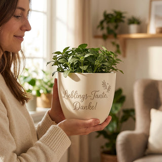 Personalisierter Blumentopf — Geschenk Tante mit Gravur »Lieblings-Tante« — im Wohnambiente