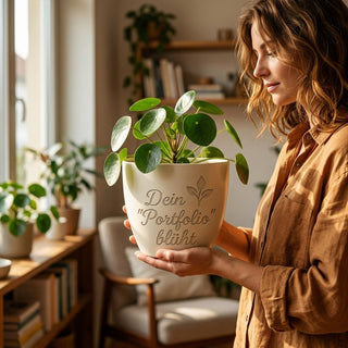 Personalisierter Blumentopf mit Gravur — Geschenk für Börsenmakler — im Wohnambiente