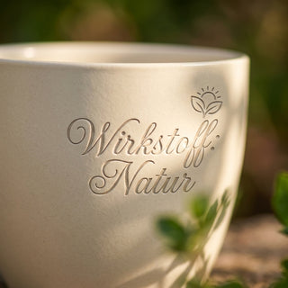 Personalisierter Blumentopf mit Gravur 'Wirkstoff Natur' — Geschenk Pharmazeut — Detailaufnahme