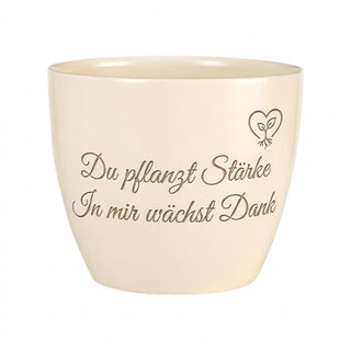 Personalisierter Blumentopf mit Gravur — Geschenk Fitnesscoach Dankeschön — Detailansicht der Lasergravur