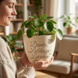 Personalisierter Blumentopf mit Gravur — Danke Geschenk für Meditationslehrerin — im Wohnambiente