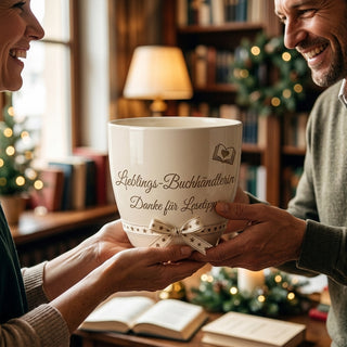 Blumentopf mit Gravur — Geschenk Buchhändlerin Abschied oder Dankeschön — als persoenliche Geschenk-Uebergabe