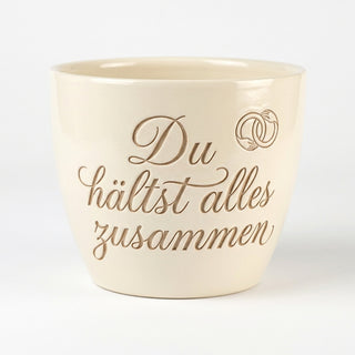 Personalisierter Blumentopf 'Du hältst alles zusammen' — Geschenk Schweißerin — Detailansicht der Lasergravur