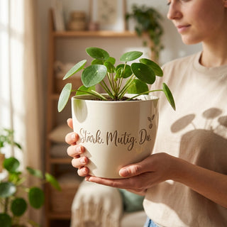 Personalisierter Blumentopf mit Gravur — Geschenk Soldatin zur Versetzung — im Wohnambiente