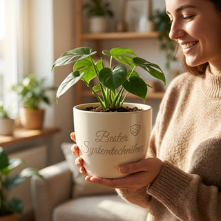 Personalisierter Blumentopf mit Lasergravur — Geschenk für Systemtechniker — im Wohnambiente