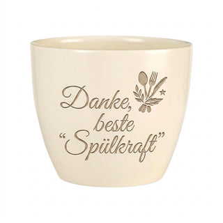 Personalisierter Blumentopf — Danke-Geschenk für die beste Spülkraft zuhause — Detailansicht der Lasergravur