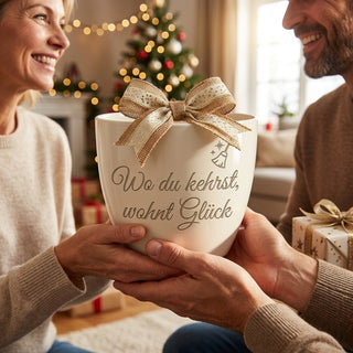 Blumentopf „Wo du kehrst, wohnt Glück“ — Geschenk Schornsteinfeger Berufung — als persoenliche Geschenk-Uebergabe