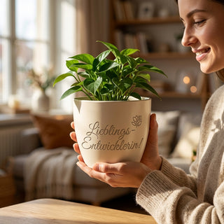 Personalisierter Blumentopf mit Gravur — Geschenk Entwicklerin Abschied — im Wohnambiente