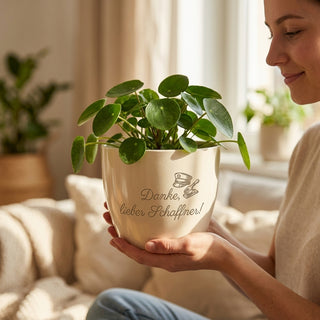 Personalisierter Blumentopf mit Gravur — Geschenk für Schaffner zum Abschied — im Wohnambiente