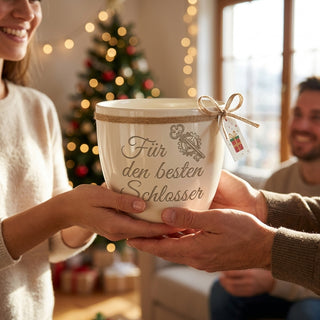Personalisierter Blumentopf mit Gravur — Geschenk Schlosser zur Pensionierung — als persoenliche Geschenk-Uebergabe