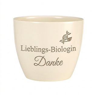 Personalisierter Blumentopf — Danke Geschenk für Biologin mit Gravur — Detailansicht der Lasergravur