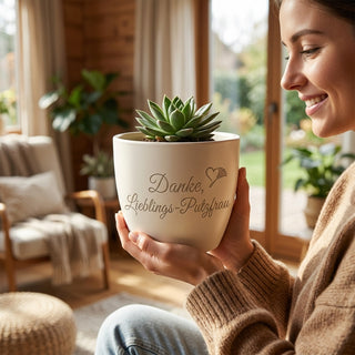 Personalisierter Blumentopf mit Gravur — Danke Geschenk für die Putzfrau — im Wohnambiente