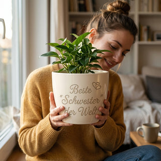 Personalisierter Blumentopf „Beste Schwester der Welt“ — Geschenk für Schwester — im Wohnambiente