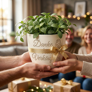 Personalisierter Blumentopf mit Gravur — Danke Geschenk für Verkäuferin — als persoenliche Geschenk-Uebergabe