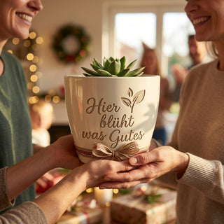 Personalisierter Blumentopf mit Gravur „Hier blüht was Gutes“ — Geschenk Tante — als persoenliche Geschenk-Uebergabe
