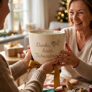 Personalisierter Blumentopf mit Gravur — Danke Geschenk für Schneiderin — als persoenliche Geschenk-Uebergabe