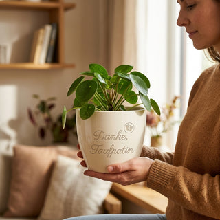 Blumentopf mit Gravur „Danke, Taufpatin“ — personalisiertes Geschenk zur Taufe — im Wohnambiente