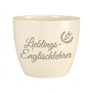 Personalisierter Blumentopf mit Gravur — Geschenk Englischlehrer Abschied — Detailansicht der Lasergravur
