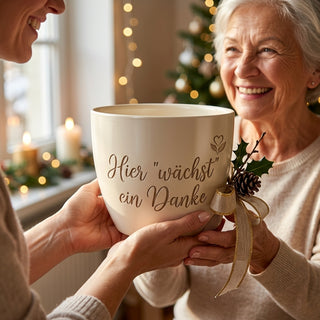 Personalisierter Blumentopf mit Gravur — Danke Geschenk Verkäuferin Abschied — als persoenliche Geschenk-Uebergabe