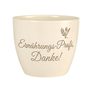 Personalisierter Blumentopf mit Gravur — Danke Geschenk für Ernährungsberaterin — Detailansicht der Lasergravur