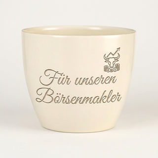 Personalisierter Blumentopf mit Gravur — Geschenk für Börsenmakler — Detailansicht der Lasergravur