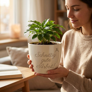 Personalisierter Blumentopf mit Gravur — Geschenk für Barbier & Friseur — im Wohnambiente