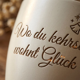 Blumentopf „Wo du kehrst, wohnt Glück“ — Geschenk Schornsteinfeger Berufung — Detailaufnahme