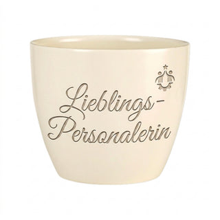 Personalisierter Blumentopf mit Gravur — Geschenk für die Personalerin — Detailansicht der Lasergravur