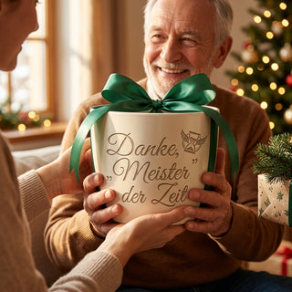 Personalisierter Blumentopf mit Gravur – Geschenk Uhrmacher zur Pensionierung — als persoenliche Geschenk-Uebergabe
