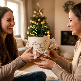 Personalisierter Blumentopf mit Gravur — Danke Geschenk für Physiotherapeutin — als persoenliche Geschenk-Uebergabe