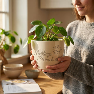 Personalisierter Blumentopf mit Gravur — Geschenk Sternekoch Küche & Genuss — im Wohnambiente